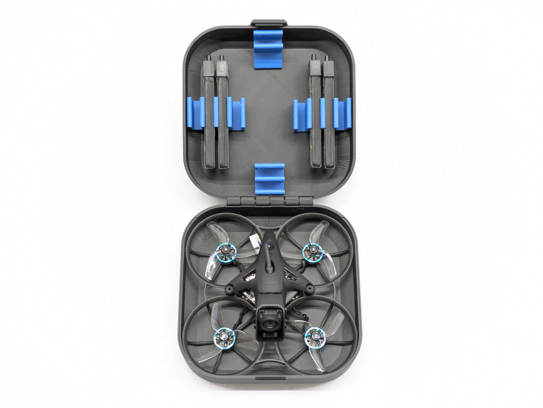 BetaFPV Meteor75 Pro II tiny whoop in a 3D printed case with batteries