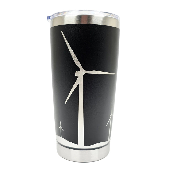 Black 20oz wind turbine tumbler with laser-engraved wind farm scene, full wrap design