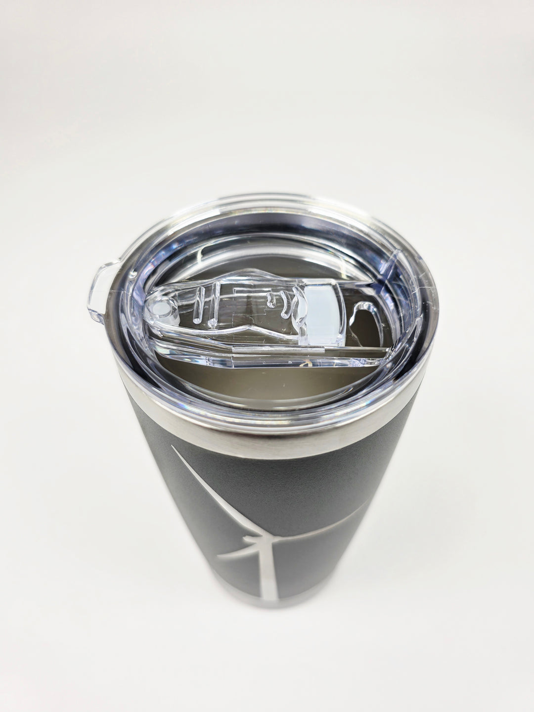 Top-down view of stainless wind turbine tumbler with sliding lid