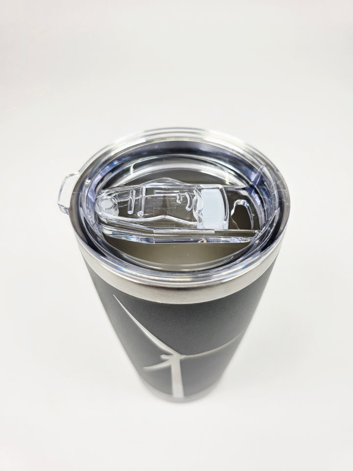 Top-down view of stainless wind turbine tumbler with sliding lid