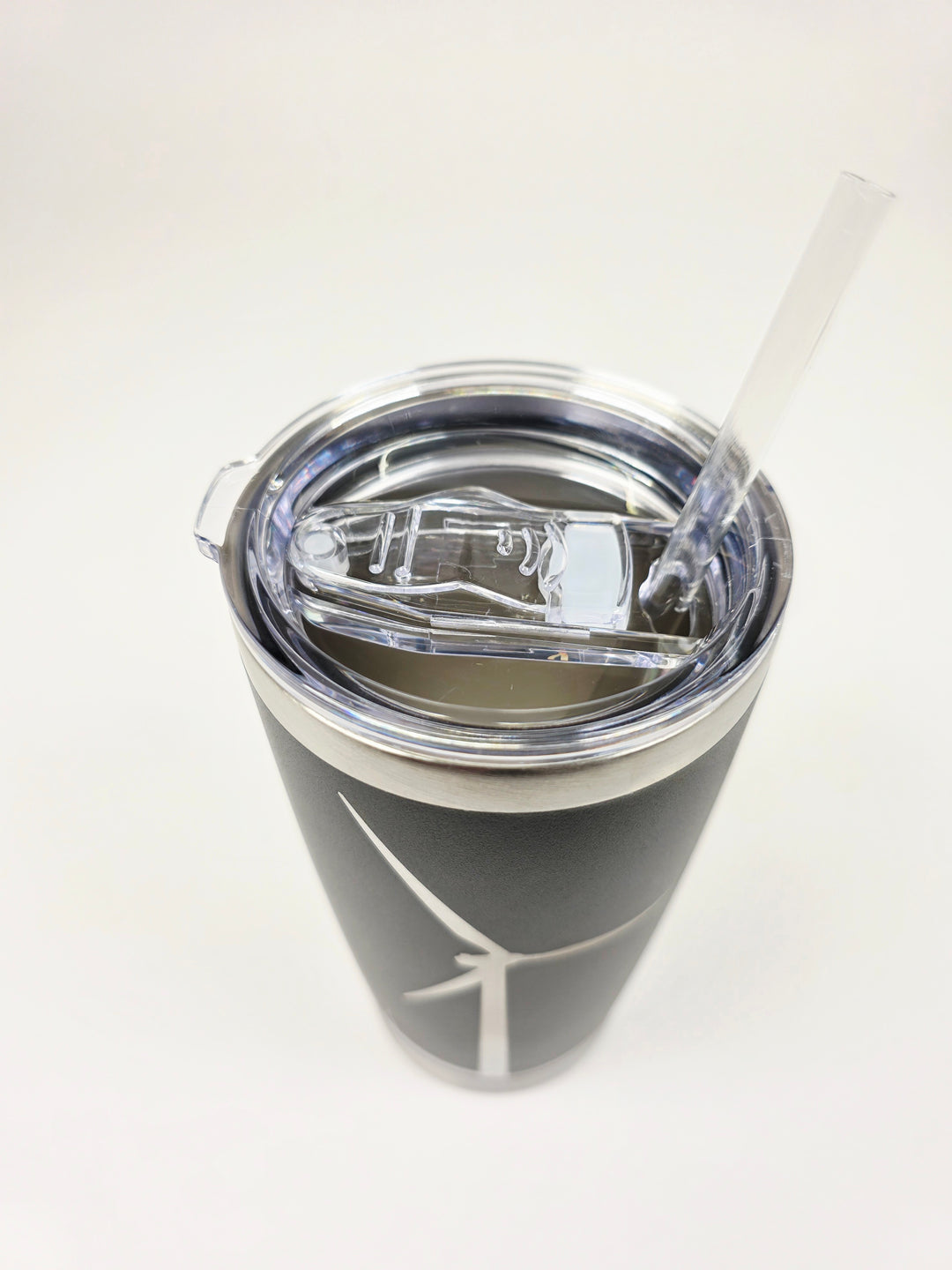 Wind turbine tumbler with reusable straw and clear sliding lid open