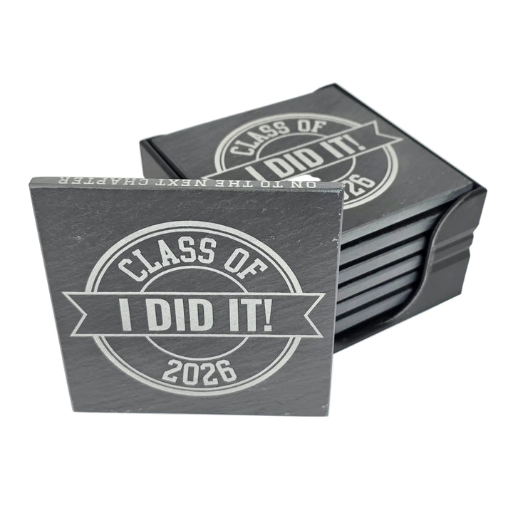 Class of 2026 I Did It engraved slate coaster 6-pack with 3D printed holder by 3Blades Maker Lab