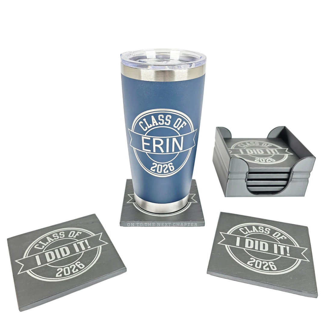 Class of 2026 graduation gift bundle - slate coaster 6-pack and 20oz personalized tumbler
