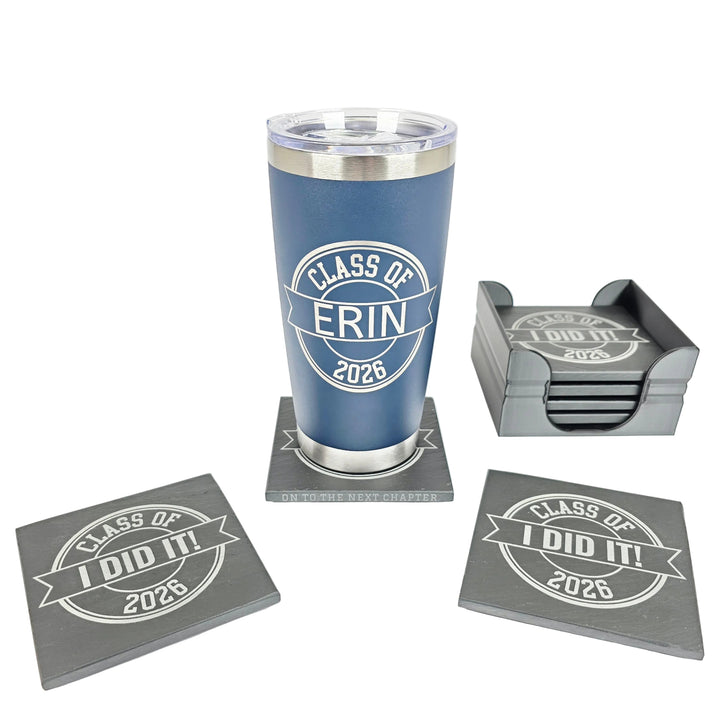 Class of 2026 graduation gift bundle - slate coaster 6-pack and 20oz personalized tumbler