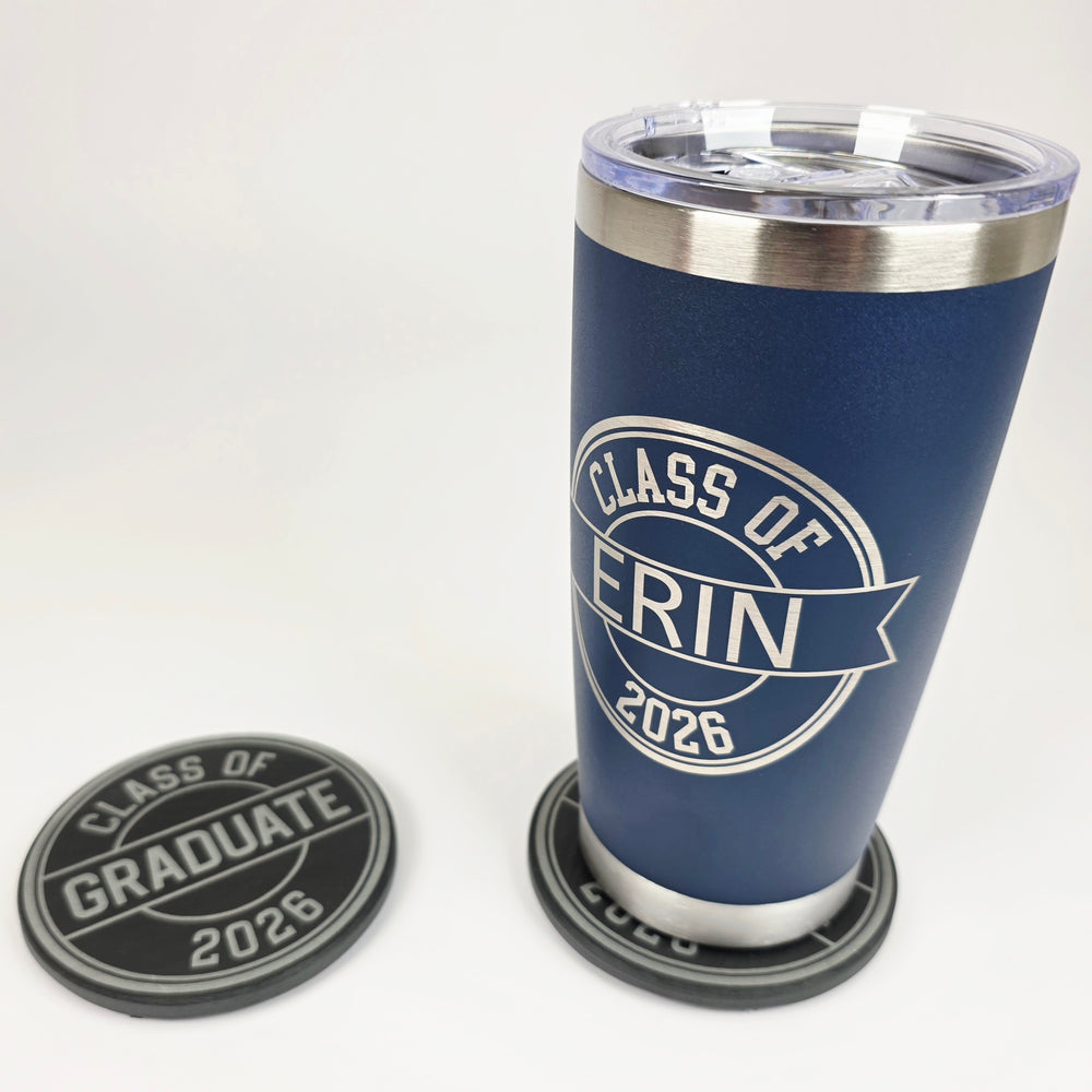 Personalized Class of 2026 graduation gift set with engraved coasters and 20oz stainless tumbler