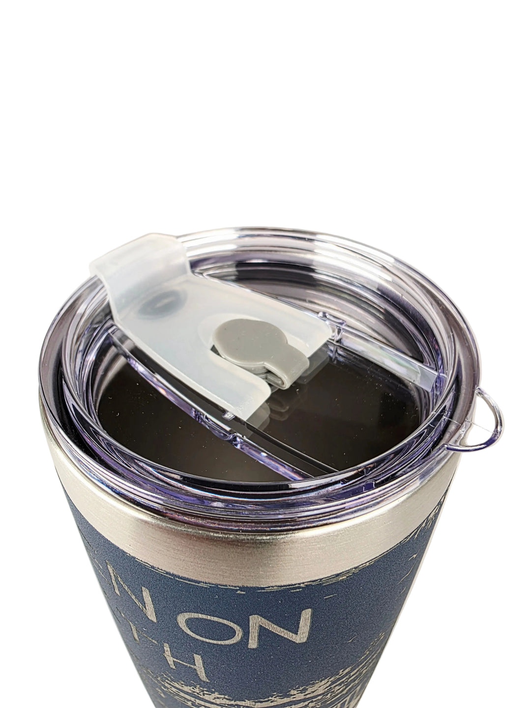 Fripp Island tumbler top view showing the sliding clear lid