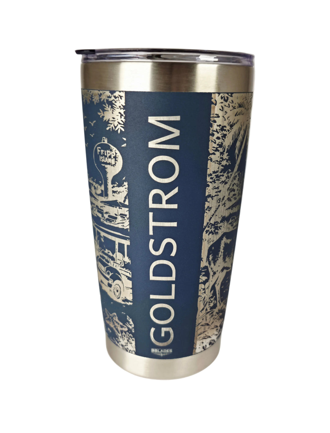 Personalized Fripp Island tumbler with a custom engraved family name and 3Blades logo