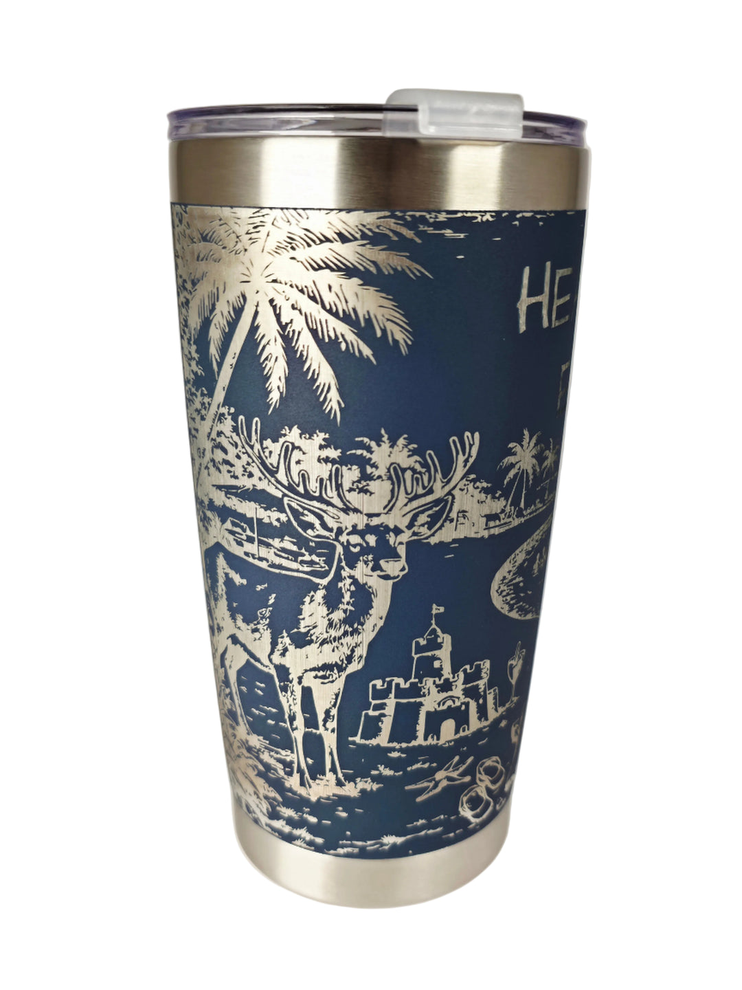Fripp Island tumbler full-wrap engraving showing palm trees and a whitetail buck