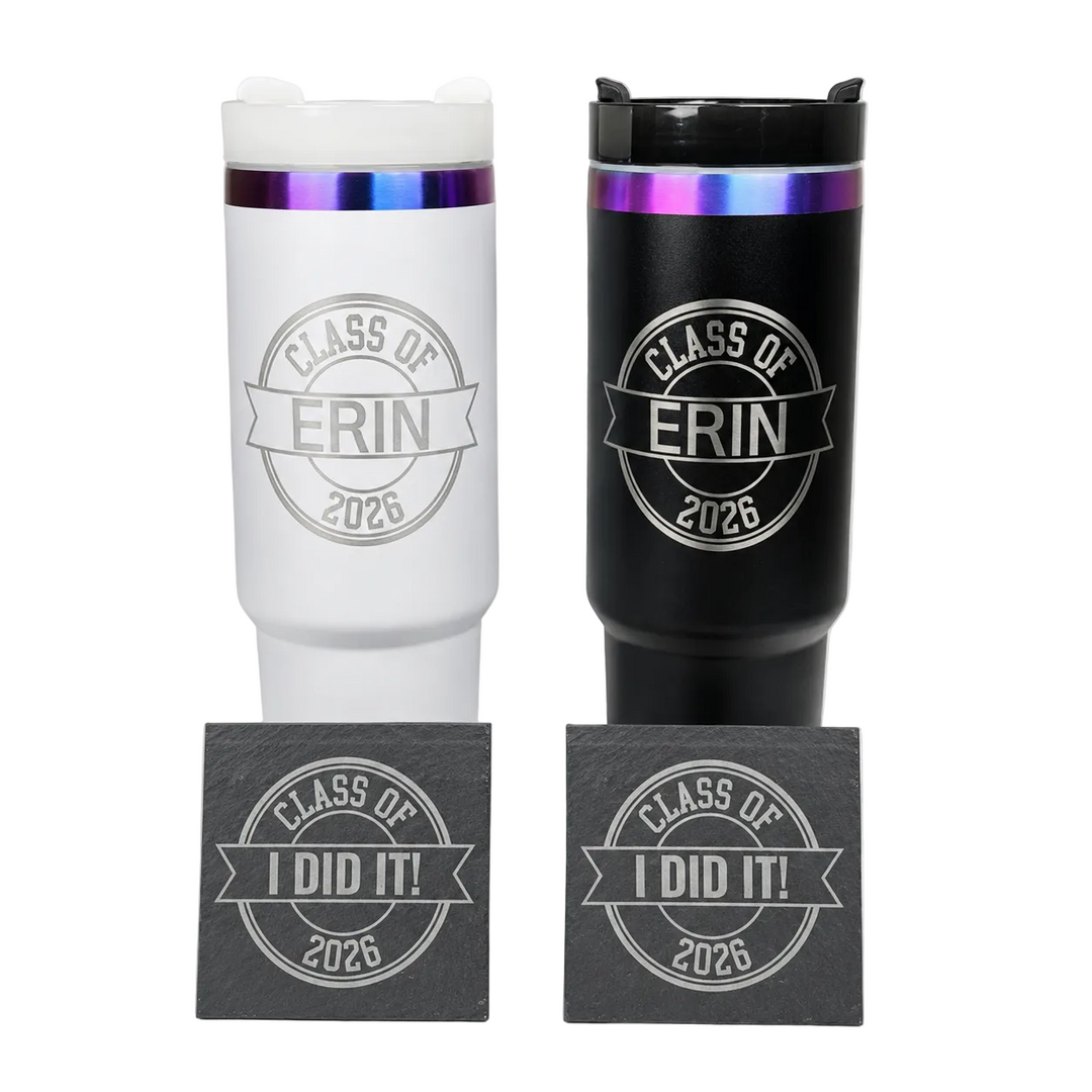 Class of 2026 graduation gift bundle - slate coaster 6-pack and 40oz iridescent tumbler