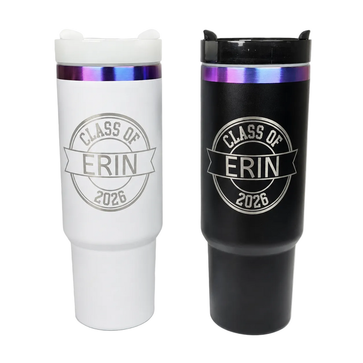 Class of 2026 personalized 40oz stainless tumbler with purple-blue iridescent rim