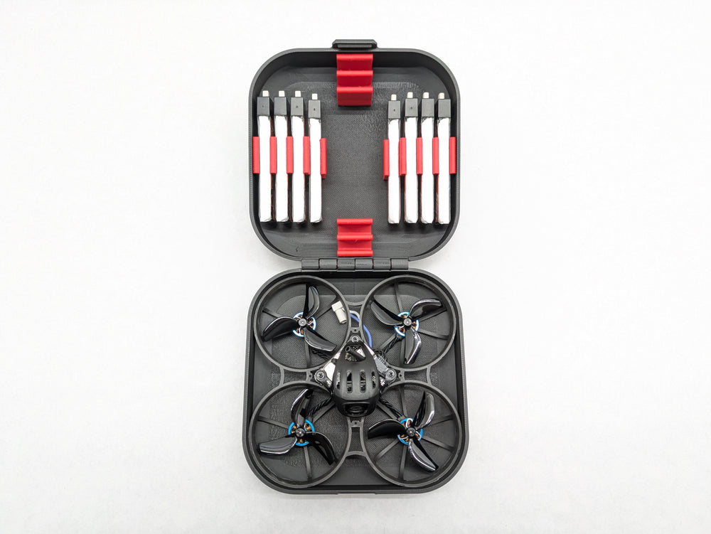 BetaFPV Meteor75 Pro drone case open, whoop and 1S batteries organized inside