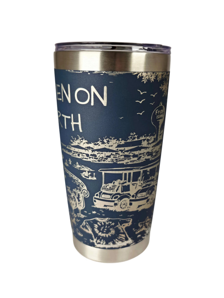 Fripp Island tumbler engraving with golf cart, marina, and the Fripp Island sign
