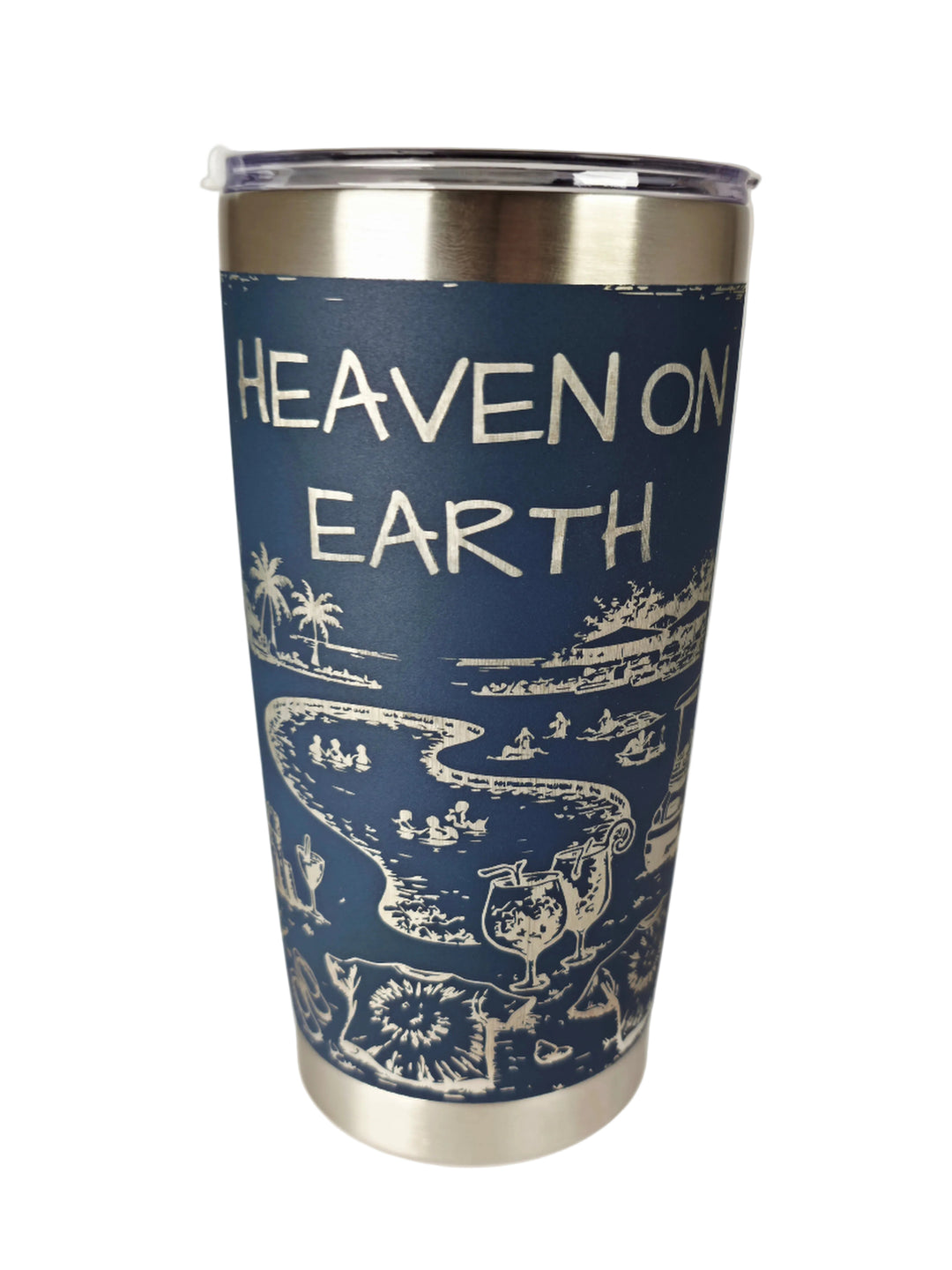 Fripp Island tumbler in navy, front view with Heaven on Earth engraving and beach scene