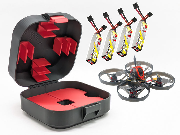 3D printed Mobula8 Elite drone case open, black with red accents, shown with a Mobula 8 whoop and four 2S batteries