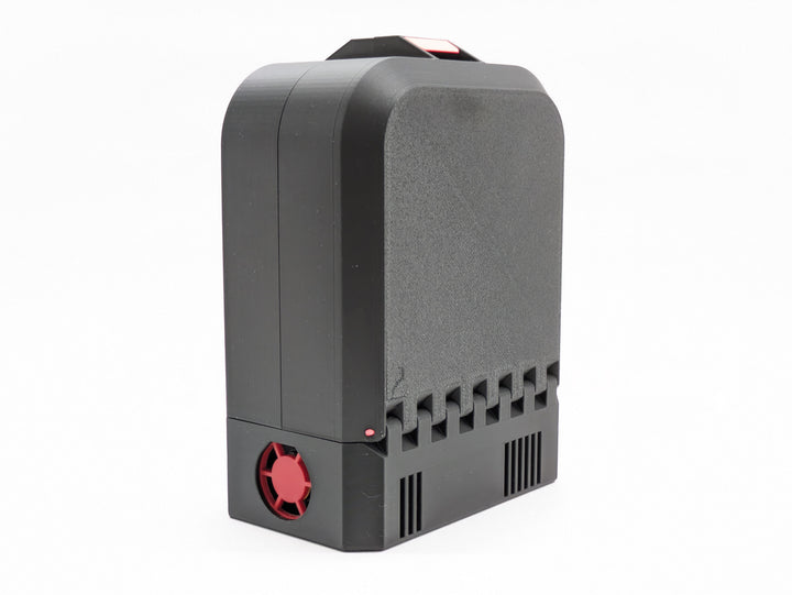 Closed printed FPV case with vent slots and the charger fan cutout at the base
