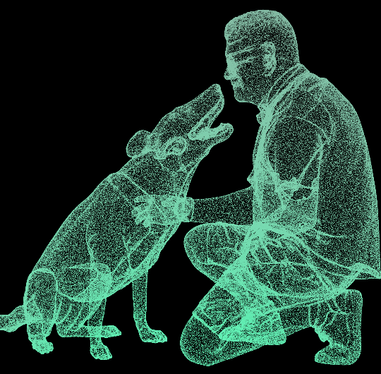 Point cloud rendering of a man kneeling with his dog